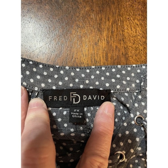 Womens Plus 2X Boho Career Casual Grey Polk Dot Bell Sleeve Lace Up Neck Blouse - Picture 8 of 13